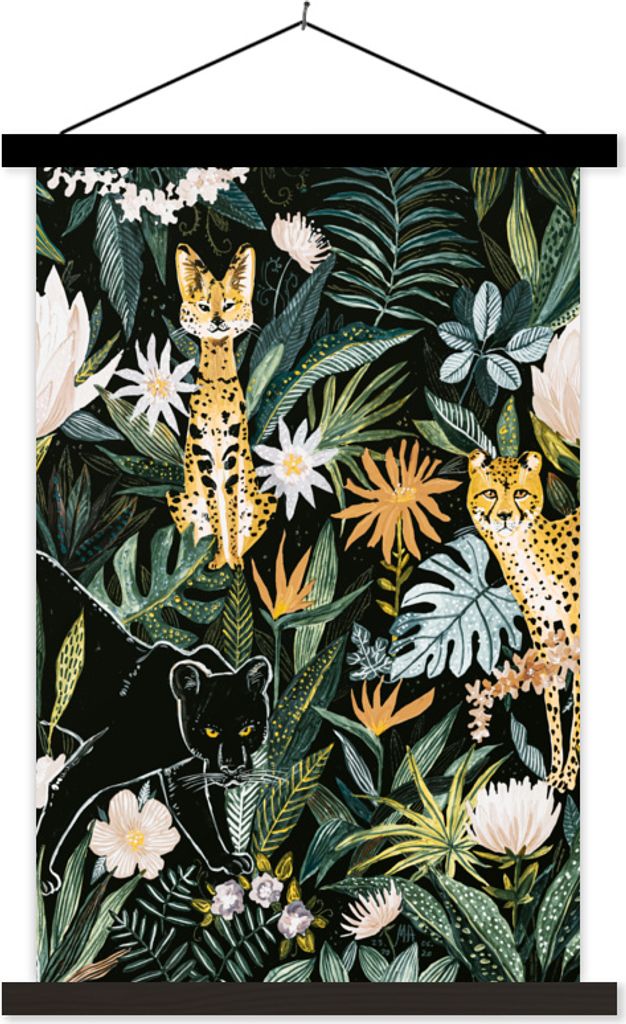 MuchoWow Textilposter Dschungel - Pflanzen - Panther 40x60 cm mit schwarzem Rahmen - Wanddekorationen