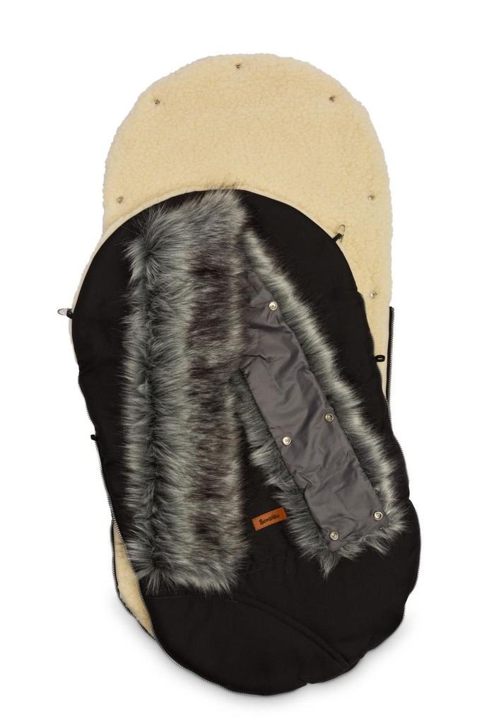 A baby stroller footmuff is shown laid out flat against a white background.