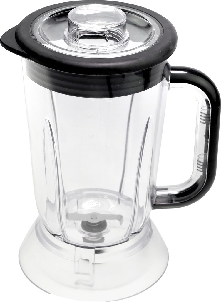 A close-up studio shot of a blender jug with its lid.