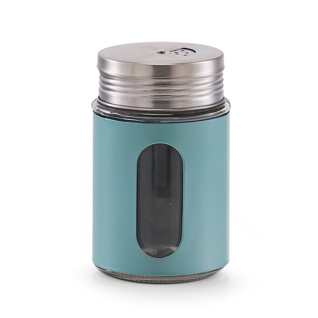 A teal and silver spice shaker with a clear window is shown against a white background.