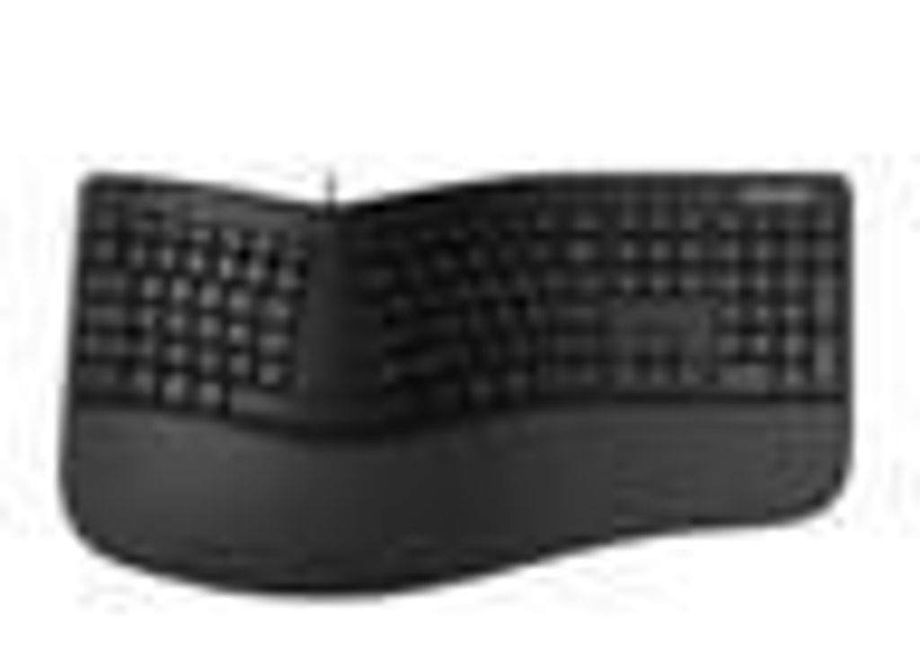 A black ergonomic keyboard is shown from a slightly elevated front-facing angle against a white background.
