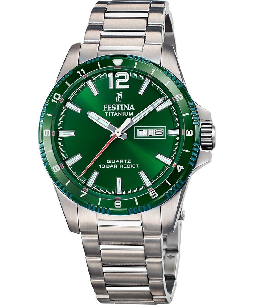 A product shot of a Festina men's watch with a green dial and silver metal band.