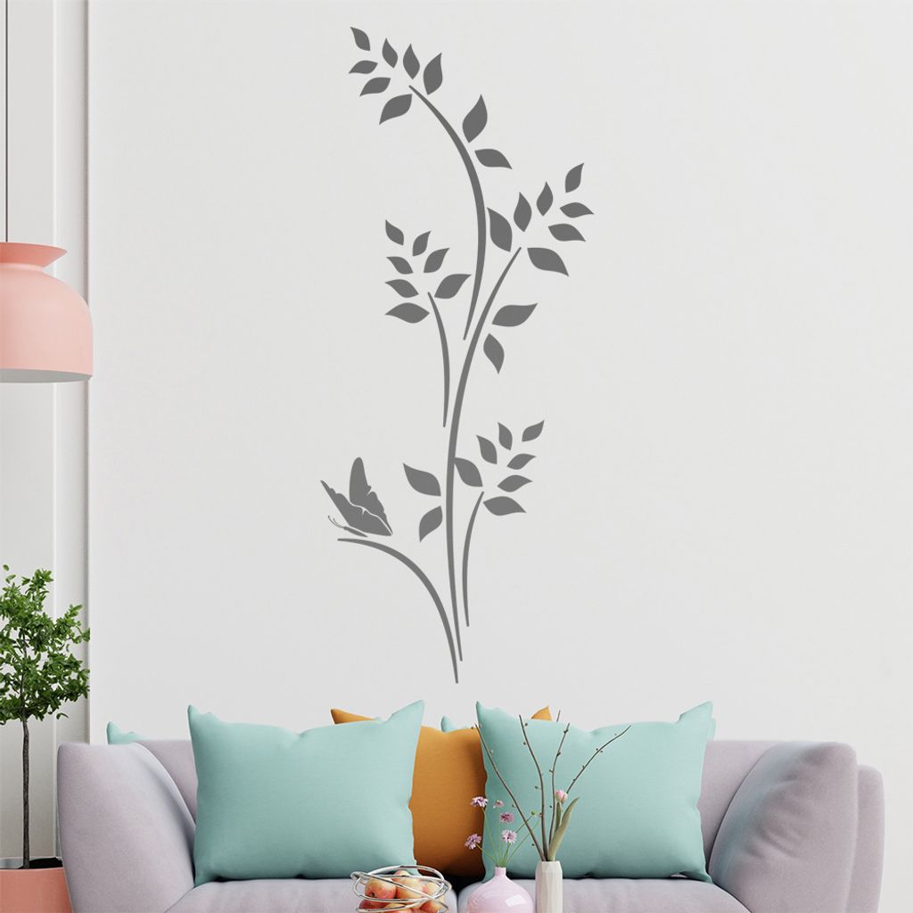 Schmetterling - Pflanze - Blätter Wandtattoo in 6 Größen - Wandaufkleber Wall Sticker - Dekoration, Küche, Wohnzimmer, Schlafzimmer, Badezimmer