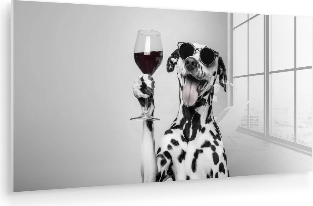 MuchoWow Glasbilder - Bilder auf Wandbild - Foto auf Glas Sonnenbrille - Dalmatiner - Weinglas - Zunge 80x40 cm Wanddekoration aus Glas - Acrylglas...