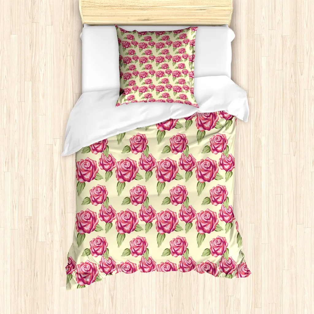 ABAKUHAUS Set copripiumino per letto singolo, design romantico con fiori delicati, antiacaro, adatto a chi soffre di allergie, con federa, 135 cm x 200 cm - 80 x 80 cm, color crema pistacchio