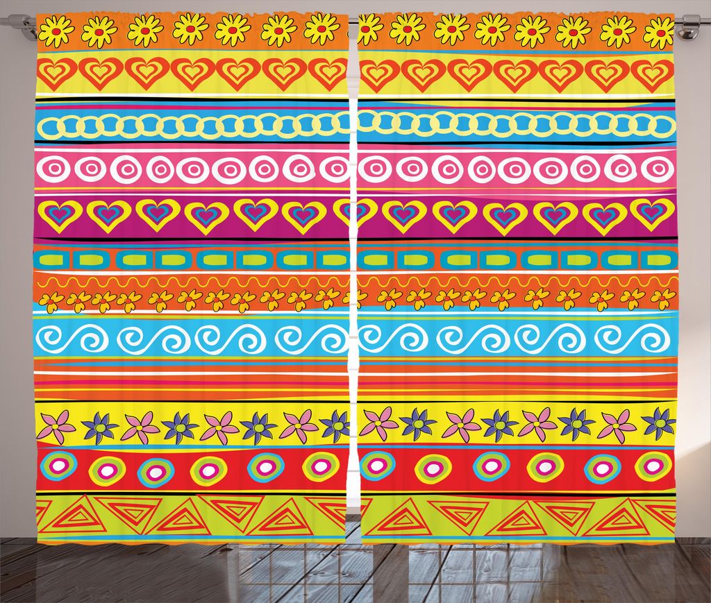 ABAKUHAUS Bunt Rustikaler Vorhang, Streifen mit Herzen, Wohnzimmer Universalband Gardinen mit Schlaufen und Haken, 280 x 225 cm, Mehrfarbig