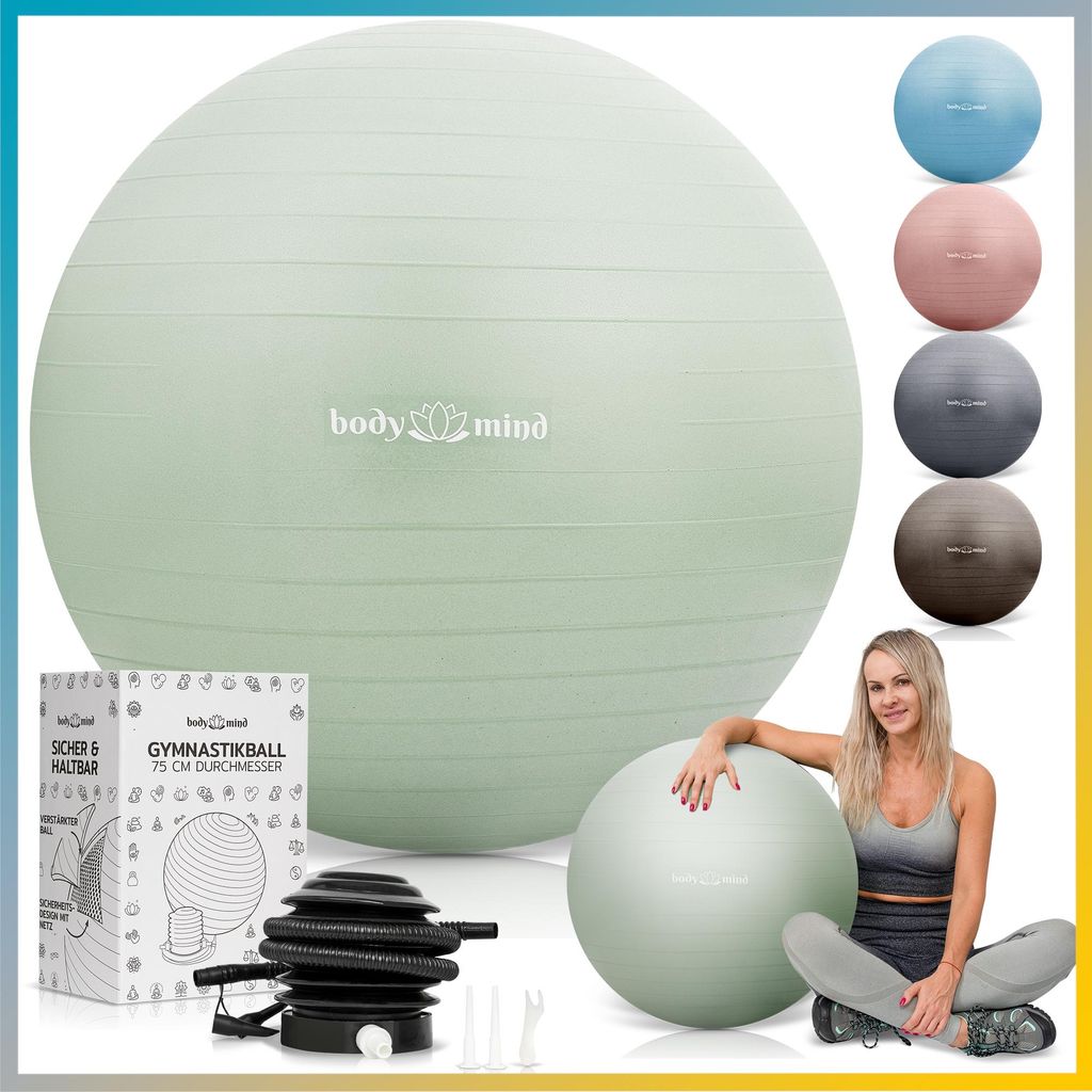 Body & Mind Anti-Burst Gymnastikball 75 cm Grün – Robuster Fitnessball, ergonomischer Sitzball & Pezziball für Yoga, Pilates & Rücken