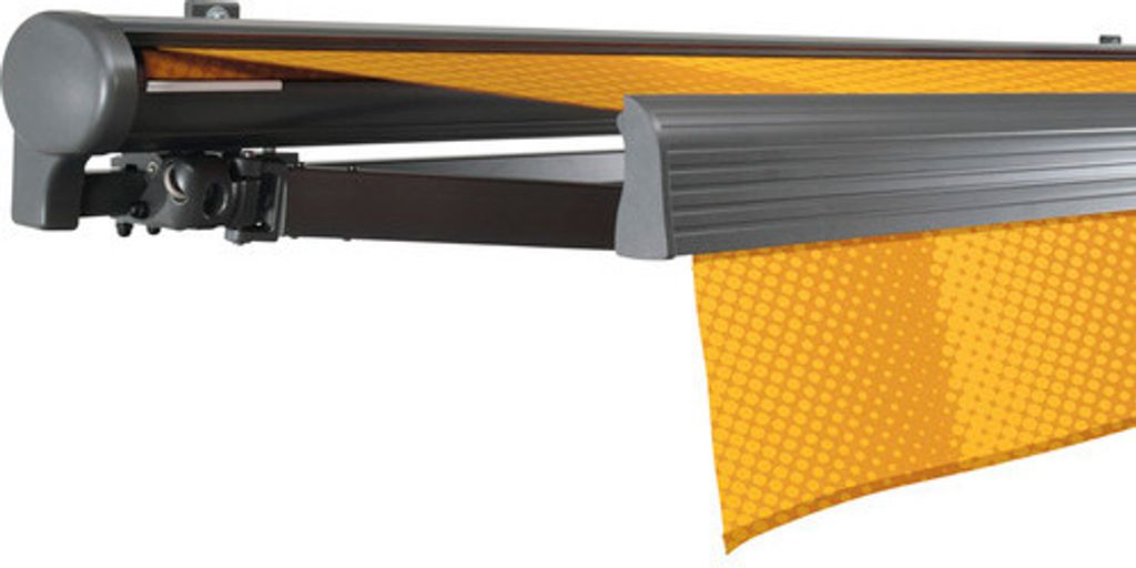 SOLUNA Halbkassettenmarkise Comfort 4,5x2,5 Dessin J200 Gestell DB703 dunkelgrau Antrieb links inkl.Motor, Sonnen und Wi
