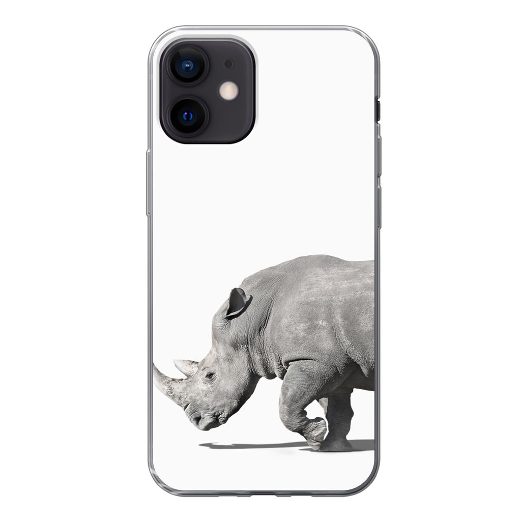 MuchoWow Handyhülle Schutzhülle Hülle für iPhone 12 Rhinozeros - Tiere - Weiß Silikon Softcase Handy Hülle - Schutzhülle