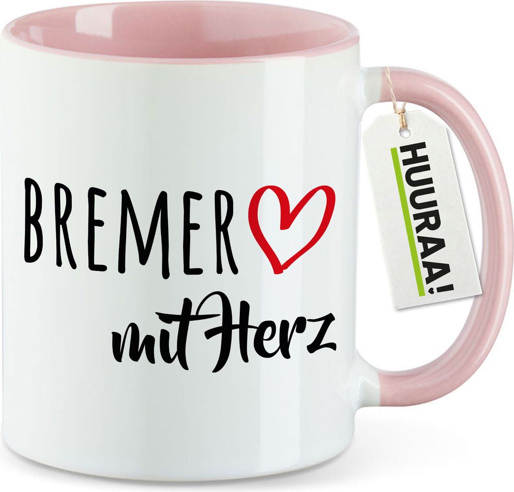 Huuraa Kaffeetasse Bremer mit Herz 330ml Rosa Keramik Kaffeebecher Geschenkidee