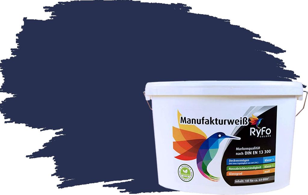 RyFo Colors Bunte Wandfarbe Manufakturweiß Nachtblau 10l - weitere Blau Farbtöne und Größen erhältlich, Deckkraft Klasse 1, Nassabrieb Klasse 1