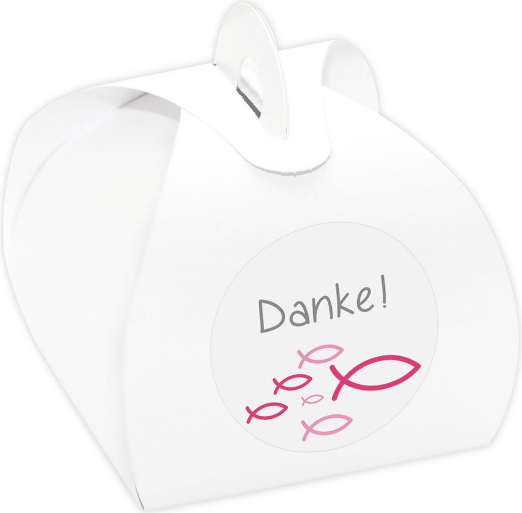 24 x Kartonagen + Aufkleber 'Fische' Gastgeschenke Set für Taufe, Kommunion, Konfirmation (Danke! - pink)