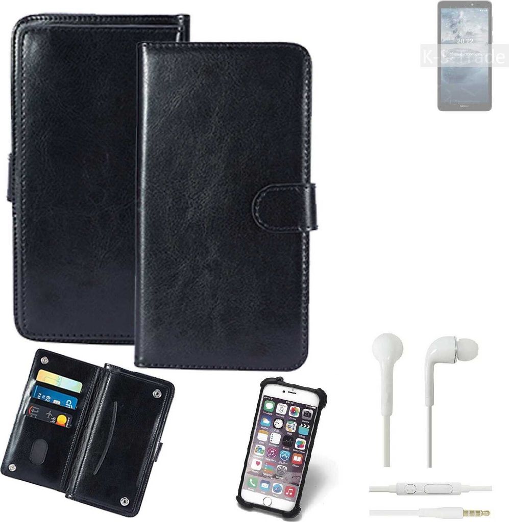 K-S-Trade 360° Hülle kompatibel mit Nokia C2 2nd Edition inkl. Headphones schwarz Kunstleder Case BookCase WalletCase Kunstlederederhülle