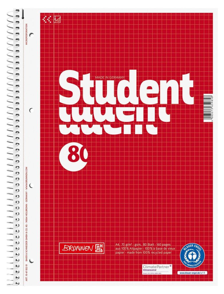 Brunnen 106783201 - Rot - 80 Blätter - Kariertes Papier - Produktbild 