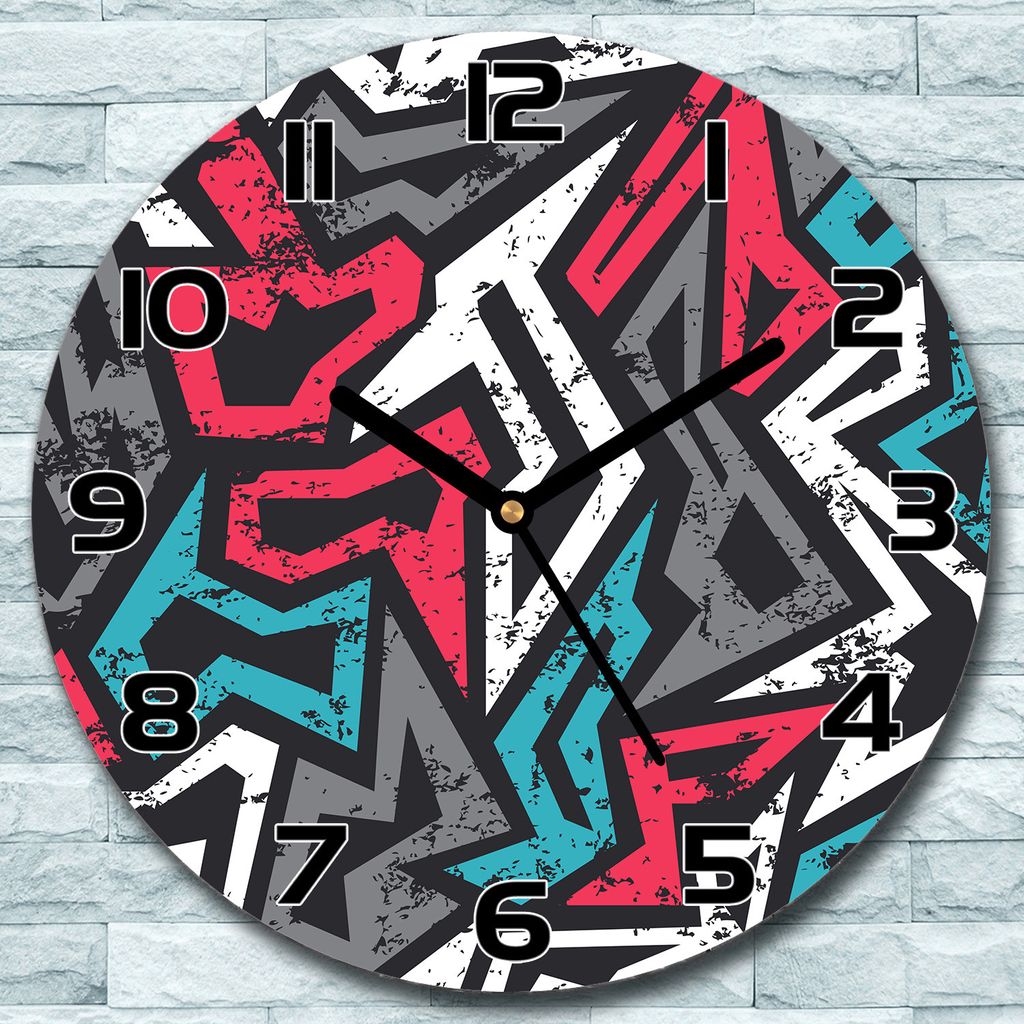Wanduhr aus Glas Rund fi 30 Graffiti rosa blau Quarz Deko Schlafzimmer Büro