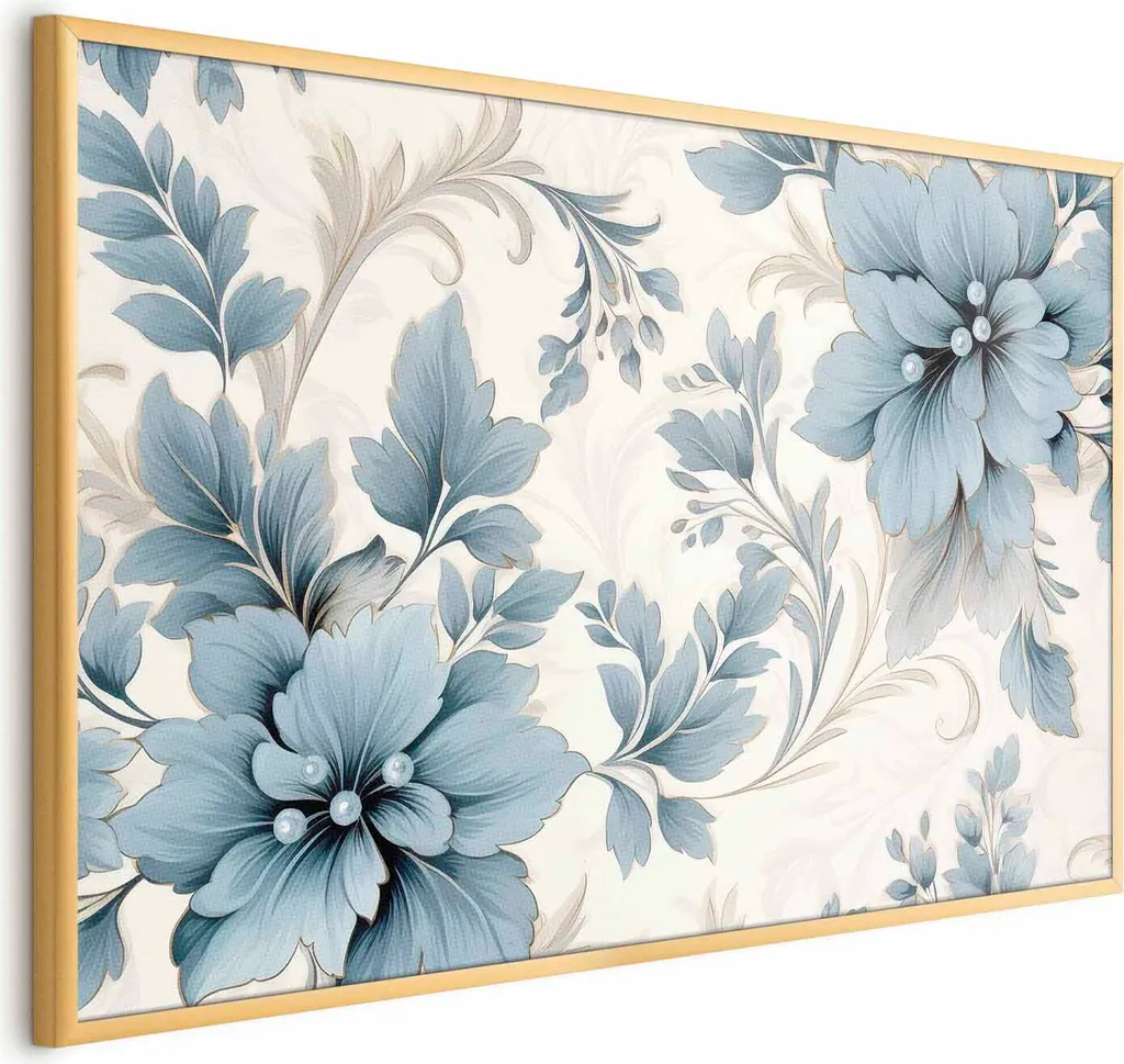 Poster 90x60 Fiori Retrò Turchese: Atmosfere Vintage e Cornice Oro
