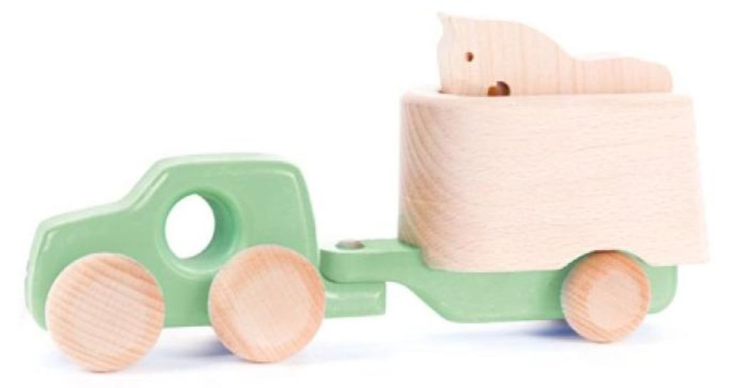 Bajo Holzspielzeugauto 4x4 mit Anhänger und Pferd - Mint Farbe