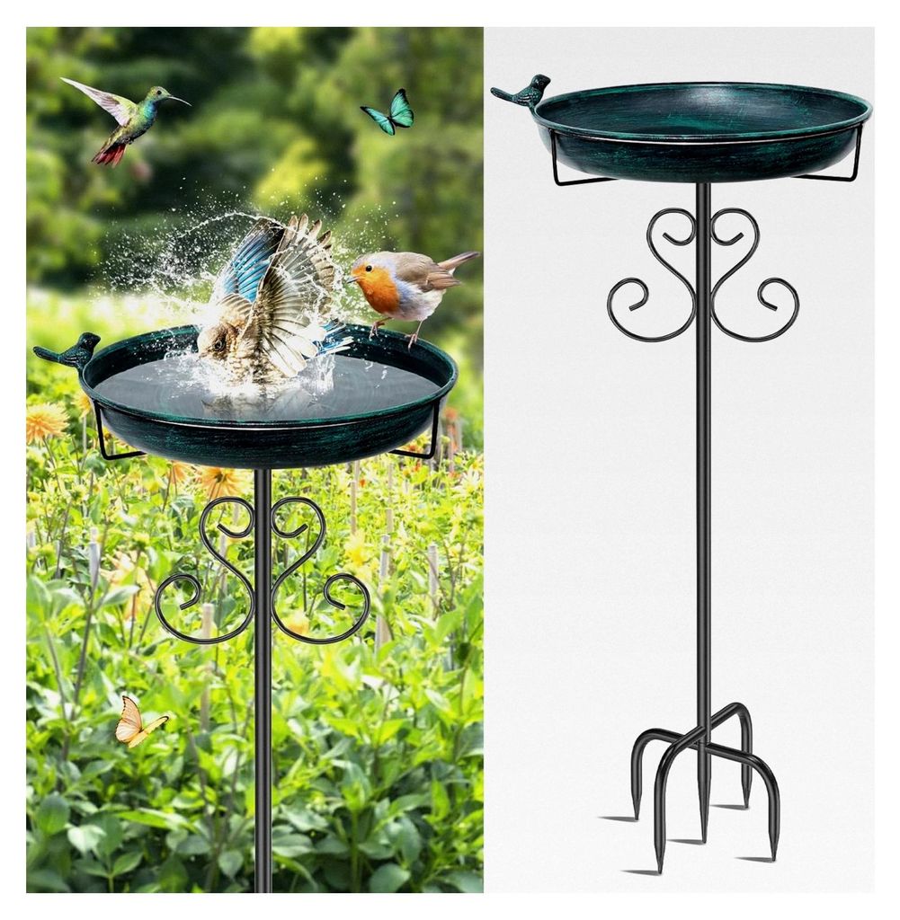 Metall Vogeltränke Stehend, 103 cm Vintage Vogelbecken mit Vogel Statue, große Wildvogeltränke für den Garten (Vintage Grün)