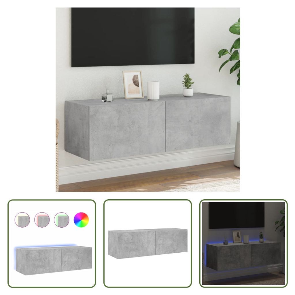 The Living Store TV-Wandschrank mit LED-Leuchten Betongrau 100x35x31 cm
