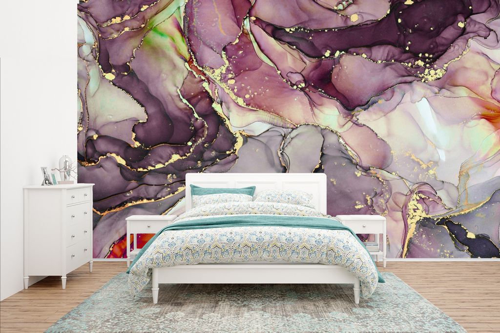 MuchoWow Fototapete für Wohnzimmer oder Schlafzimmer Wandtapete Vinyl Motivtapete Marmor - Rot - Lila - Gold - 435x260 cm - Kinderzimmer