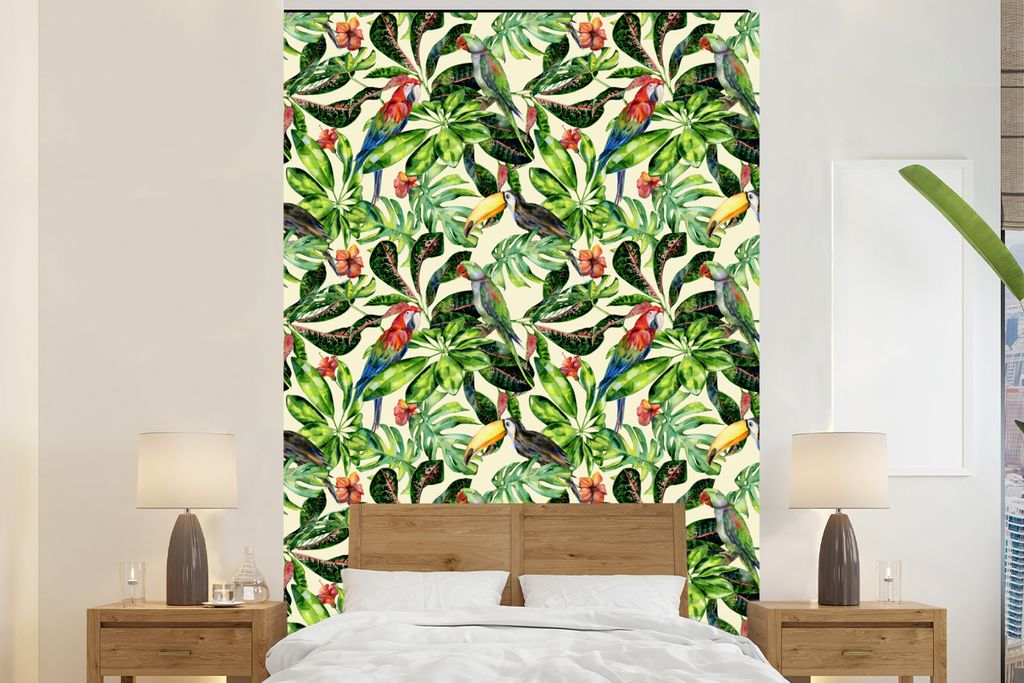 MuchoWow Fototapete für Wohnzimmer oder Schlafzimmer Wandtapete Vinyl Motivtapete Hibiskus - Blumen - Vögel - 195x300 cm - Das Hintergrundbild