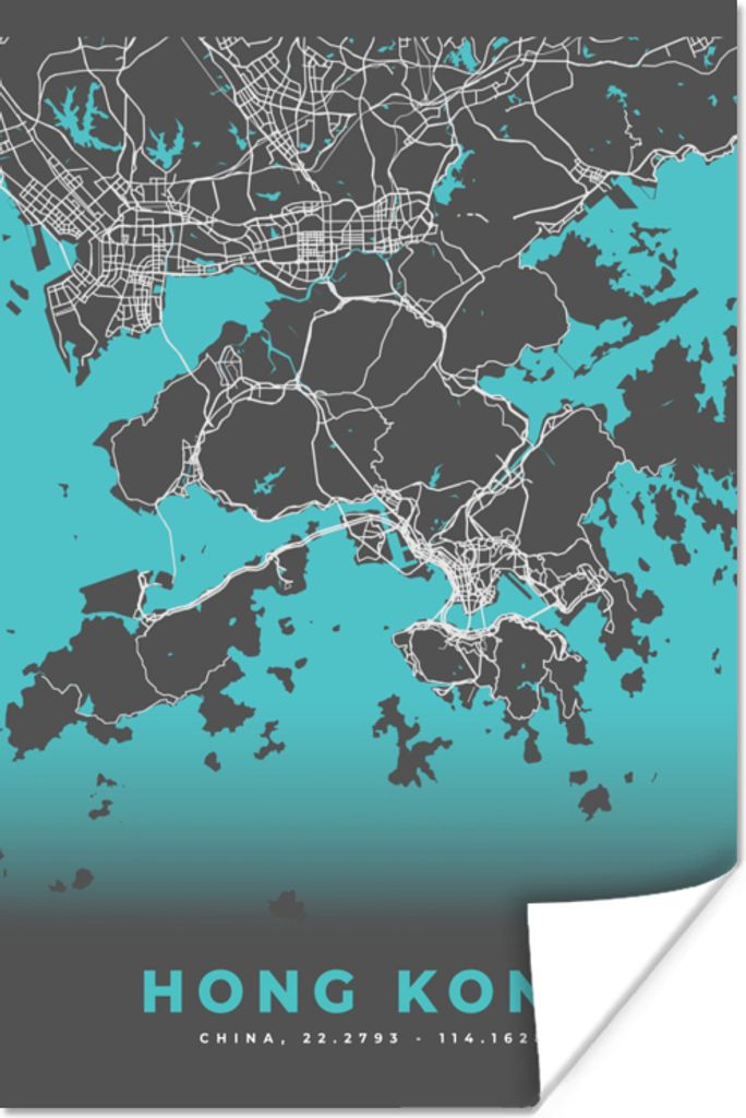 MuchoWow Poster Hongkong - Stadtplan - Karte - Blau 20x30 cm - Papierdruck