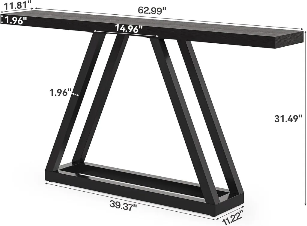Table d'Appoint Industrielle Noire 160cm, Console Fine et Robuste XXL
