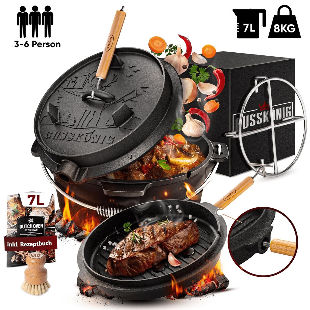 GUSSKÖNIG Dutch Oven Set 7L - ohne Füße - Eingebrannter Gusseisen-Feuertopf mit innovativem 2in1 Deckelheber, Bürste und Rezeptbuch [für 3-5 P...