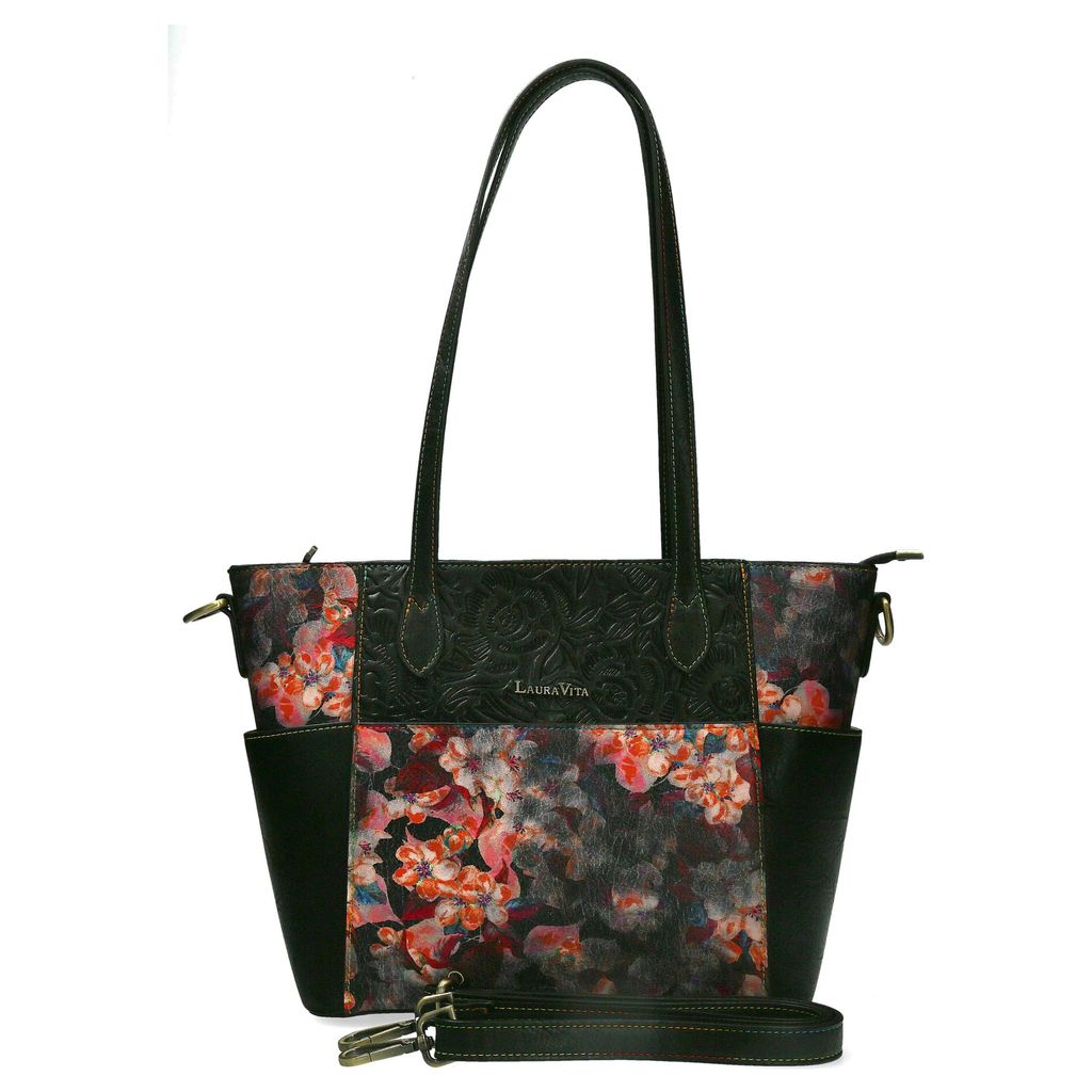 LAURA VITA Damenhandtasche/Shopper gross PolyurethanMix schwarz floral bunt mit Innentasche und zusätzlichem langen Schultergurt