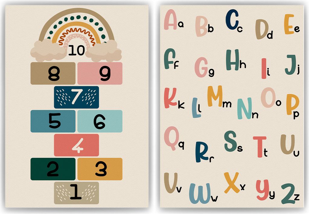 ABC Kinderposter Alphabet 2er Set Lernposter Buchstaben & Zahlen | Kinderzimmer Wandbilder Kindergarten Grundschule Lernhilfe für Kinder – DIN A...