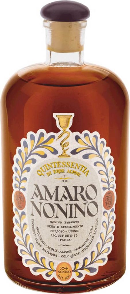 A bottle of Amaro Nonino on a white background.