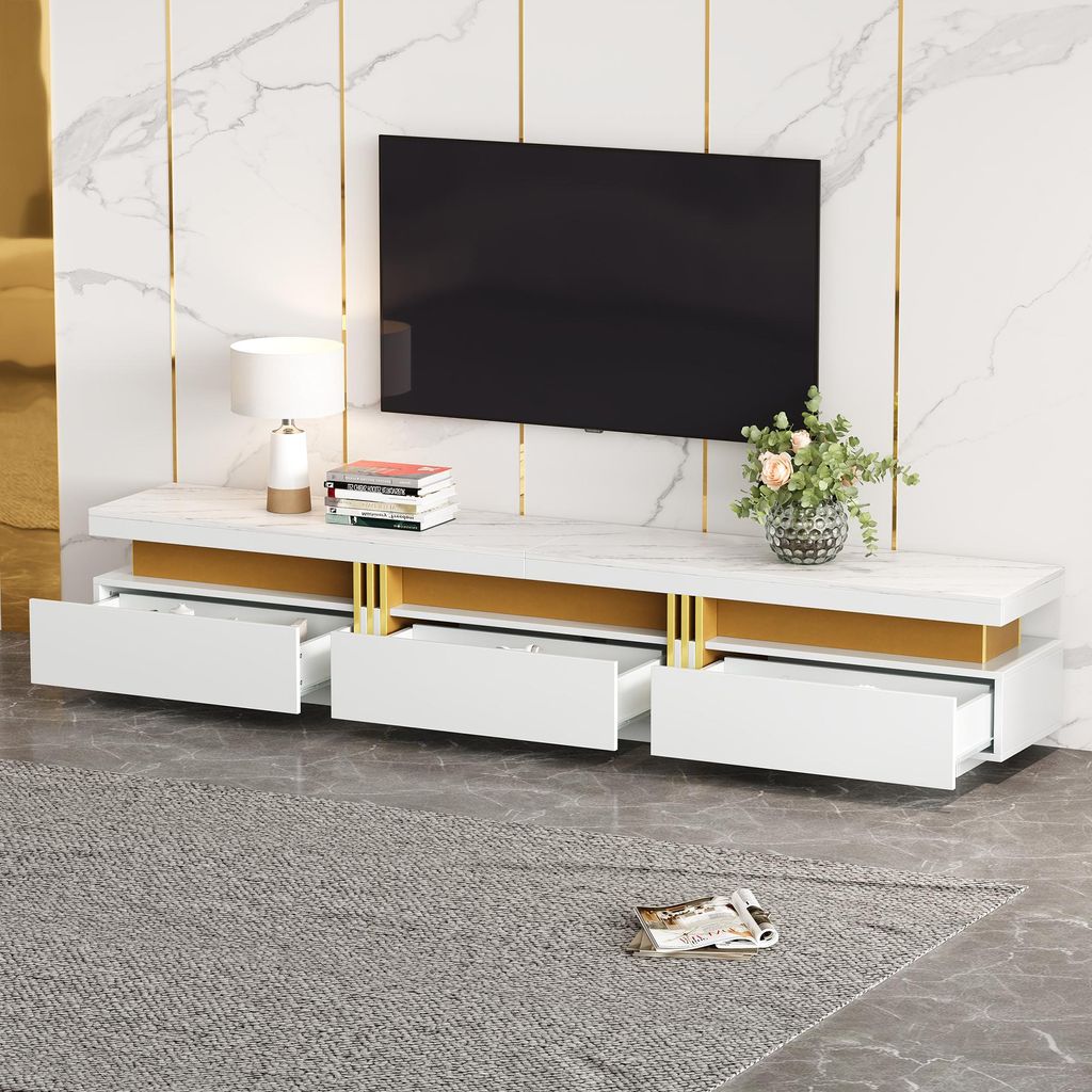 Merax Lowboard TV-Schrank in Marmor-Optik, Modernes TV-Board mit 3 Schubladen und Kabelmanagement, TV-Ständer für Fernseher bis 90 Zoll, Weiß