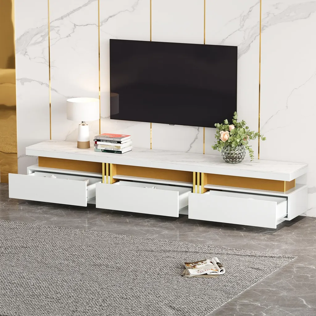 Merax Meuble TV Effet Marbre Blanc avec 3 Tiroirs pour Écran 90 Pouces
