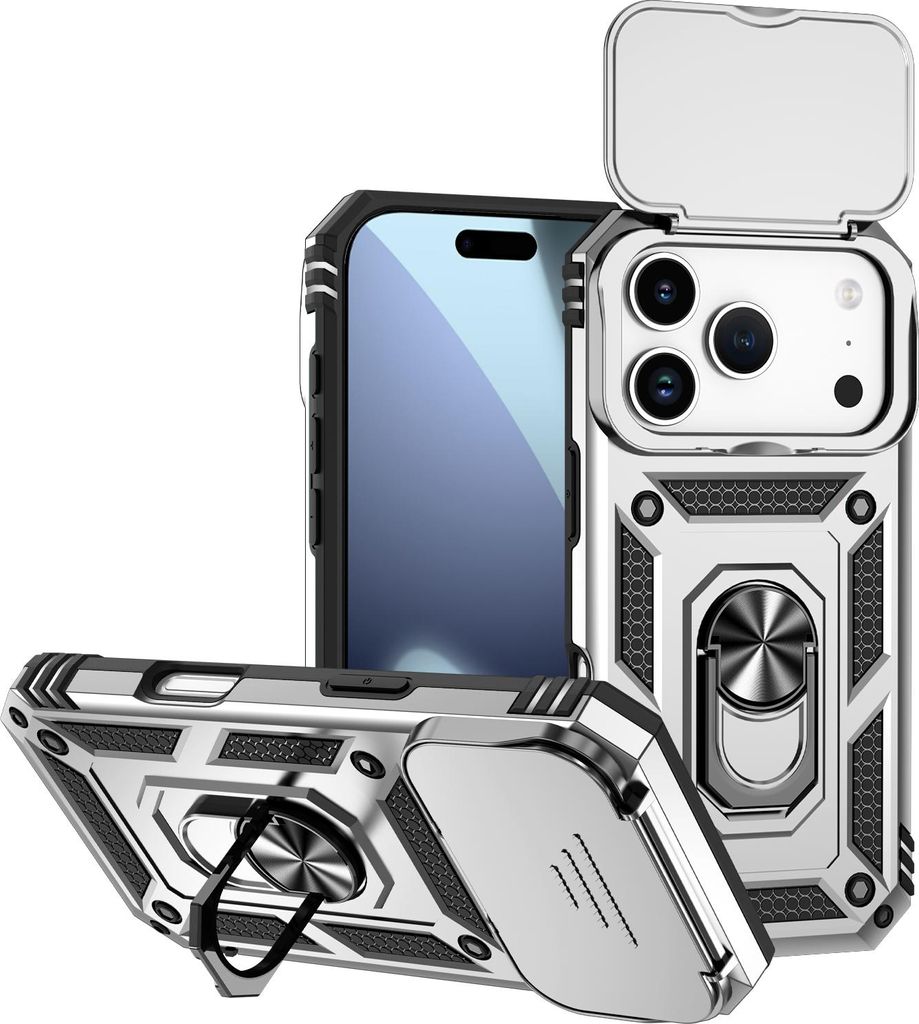 Hülle für iPhone 17 Pro mit Schiebe Kamera Schutz und Ringhalter Ständer Hybrid Schutzhülle Silber