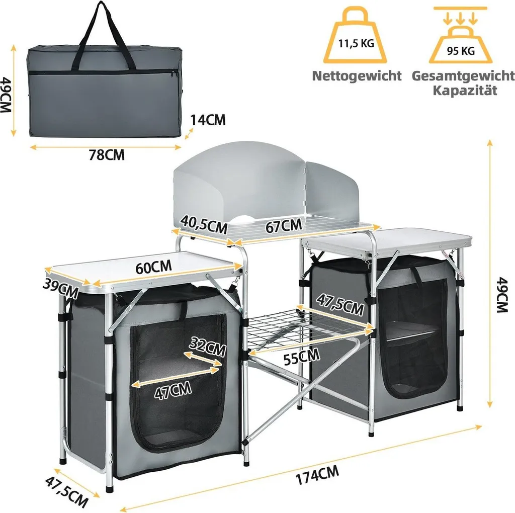 Meuble de cuisine de camping pliable et stable avec sac de transport