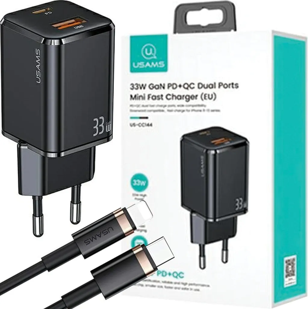 Usams Ład. Rete. 1Xusb-C+1Xusb T43 33Wpd3.0 +Qc3.0 + Cavo U63 Usb-C a Lightning Nero/Nero Usktz01