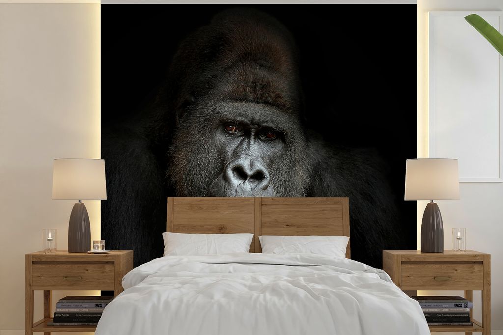 MuchoWow Fototapete für Wohnzimmer oder Schlafzimmer Wandtapete Vinyl Motivtapete Gorilla - Affe - Tiere - Schwarz und weiß - 220x220 cm - Tapeten