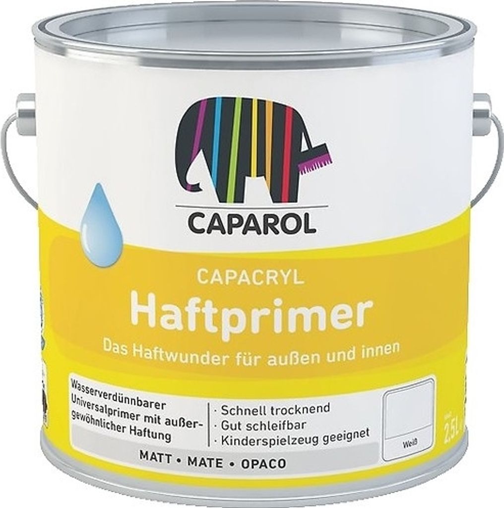 A white paint can with yellow and colorful branding.