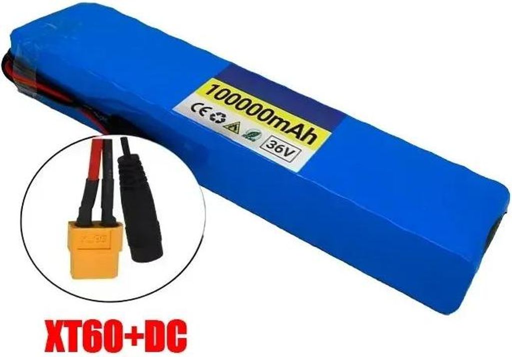 36V 20Ah 18650 Li-Ion Akkupack - 10S3P - Mit BMS - XT60 + DC-Anschluss - 280×40×68 mm - Für E-Bike, Scooter, Hoverboard - Grau