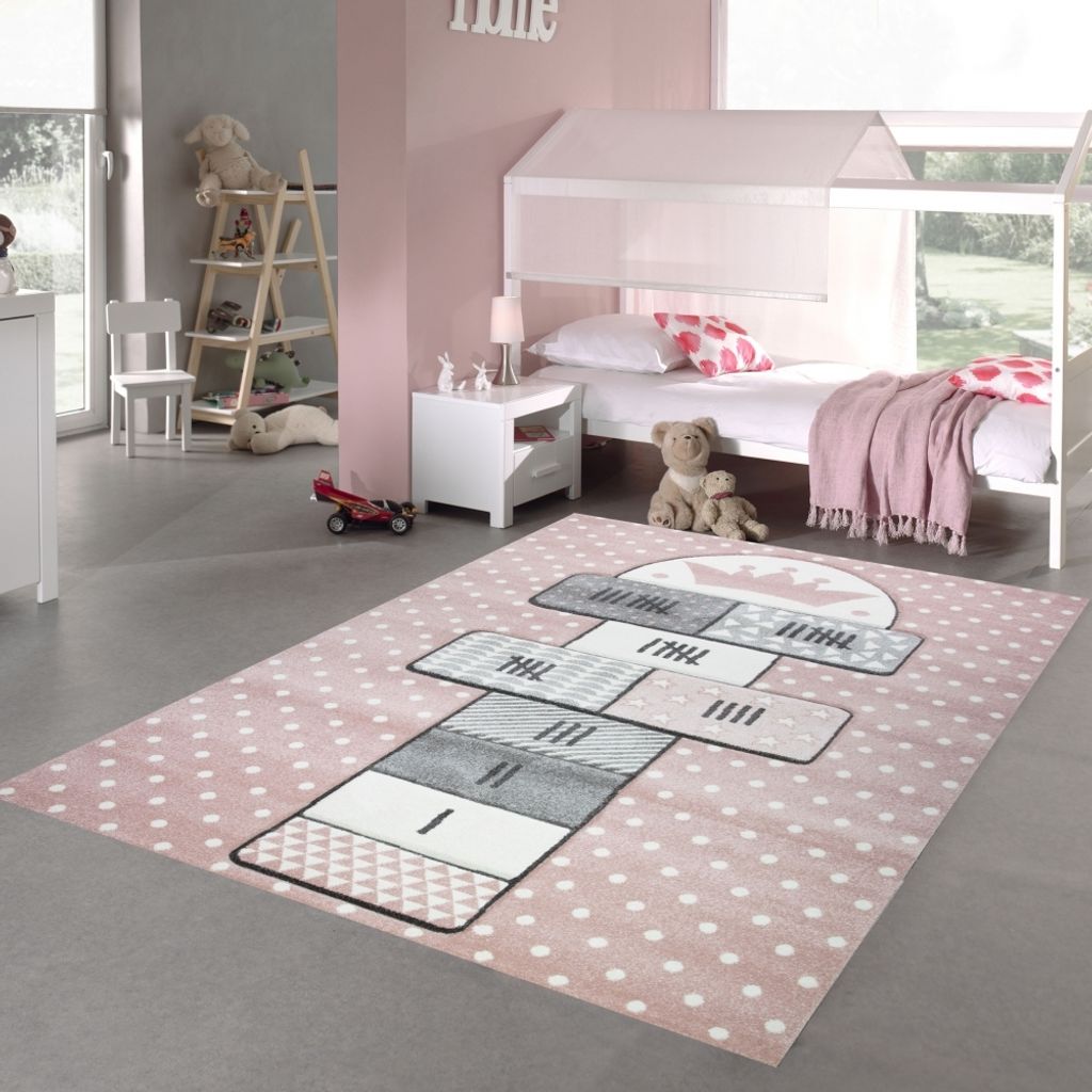Kinderteppich Hüpfspiel Teppich Hüpfkästchen in Rosa Grau Creme Größe - 160 x 230 cm