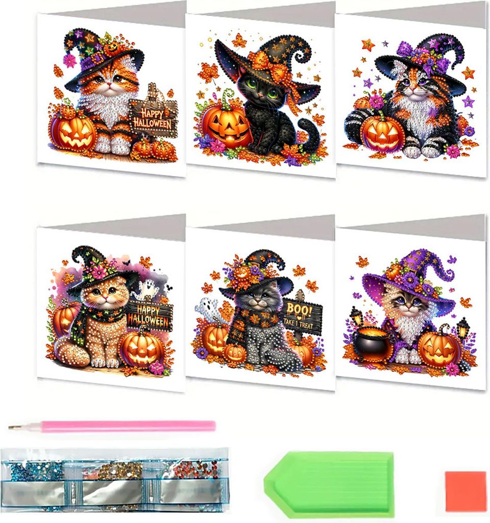 6-teiliges Set zum Selbermachen von Strass-Kunst-Malkarten, Weihnachtsgrußkarten-Bastelset mit Umschlägen, 5D-Strassmalerei mit Schneemann, Katze...