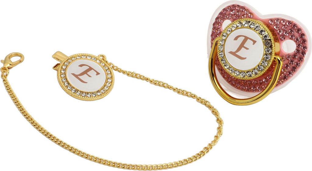 Goldener Baby-Schnuller mit Strasssteinen, gebogenes Design, Silikon für Milchpulver-Fütterung, Buchstabe E