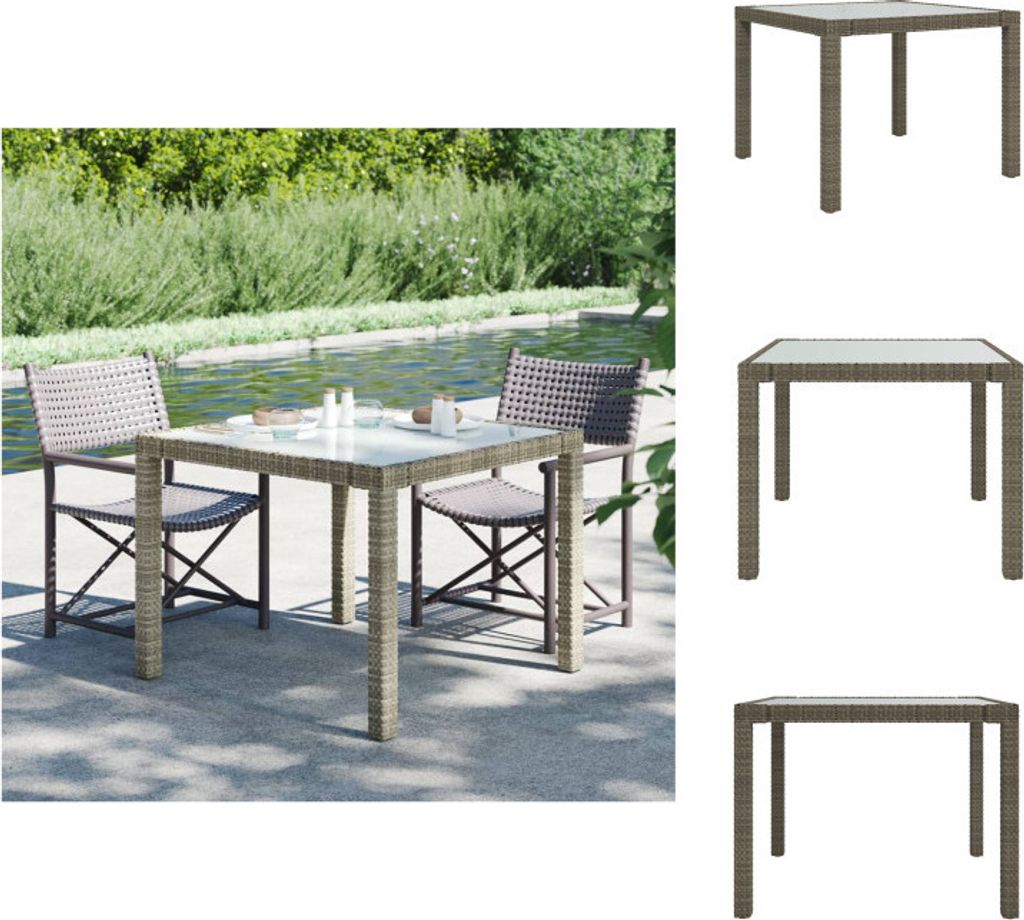 vidaXL Gartentisch 90x90x75 cm Gehärtetes Glas Poly Rattan Grau - Gartentische