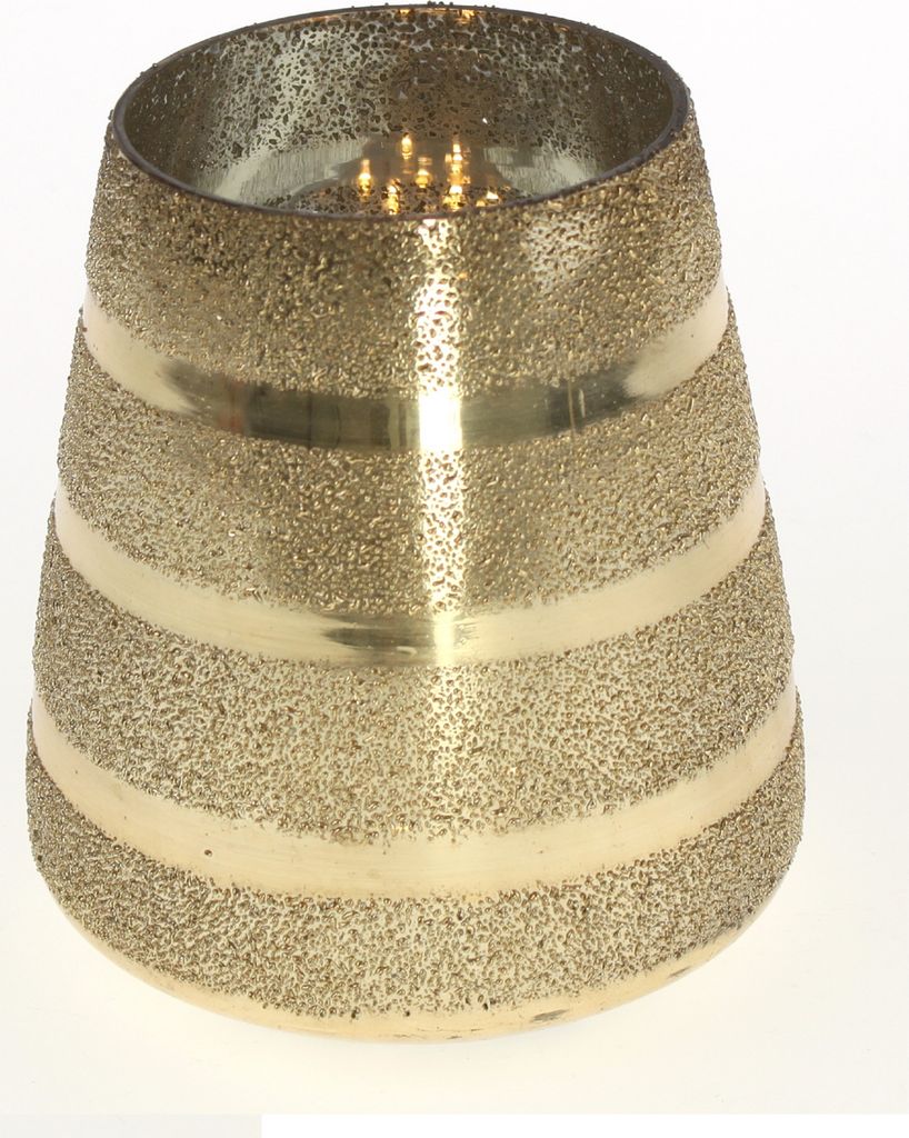 Elegantes Windlicht aus Glas mit goldenen Streifen. Moderne und edle Dekoration