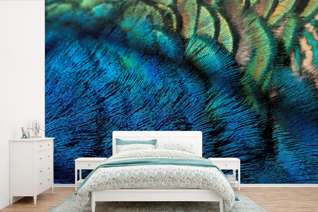 MuchoWow Fototapete für Wohnzimmer oder Schlafzimmer Wandtapete Vinyl Motivtapete Pfauenfedern aus der Nähe in Blautönen - 525x350 cm - Das Hi...