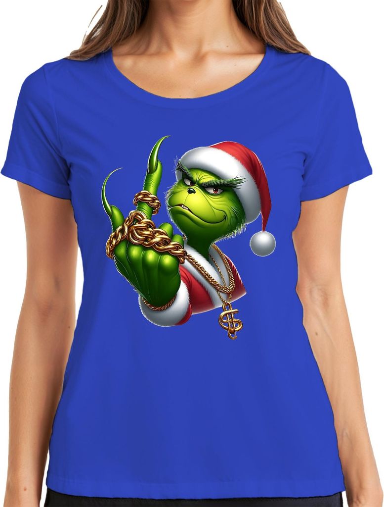 Grinch Santa frech Goldkette Weihnachten Geschenk sarkastisch Damen T-Shirt, Blau, S