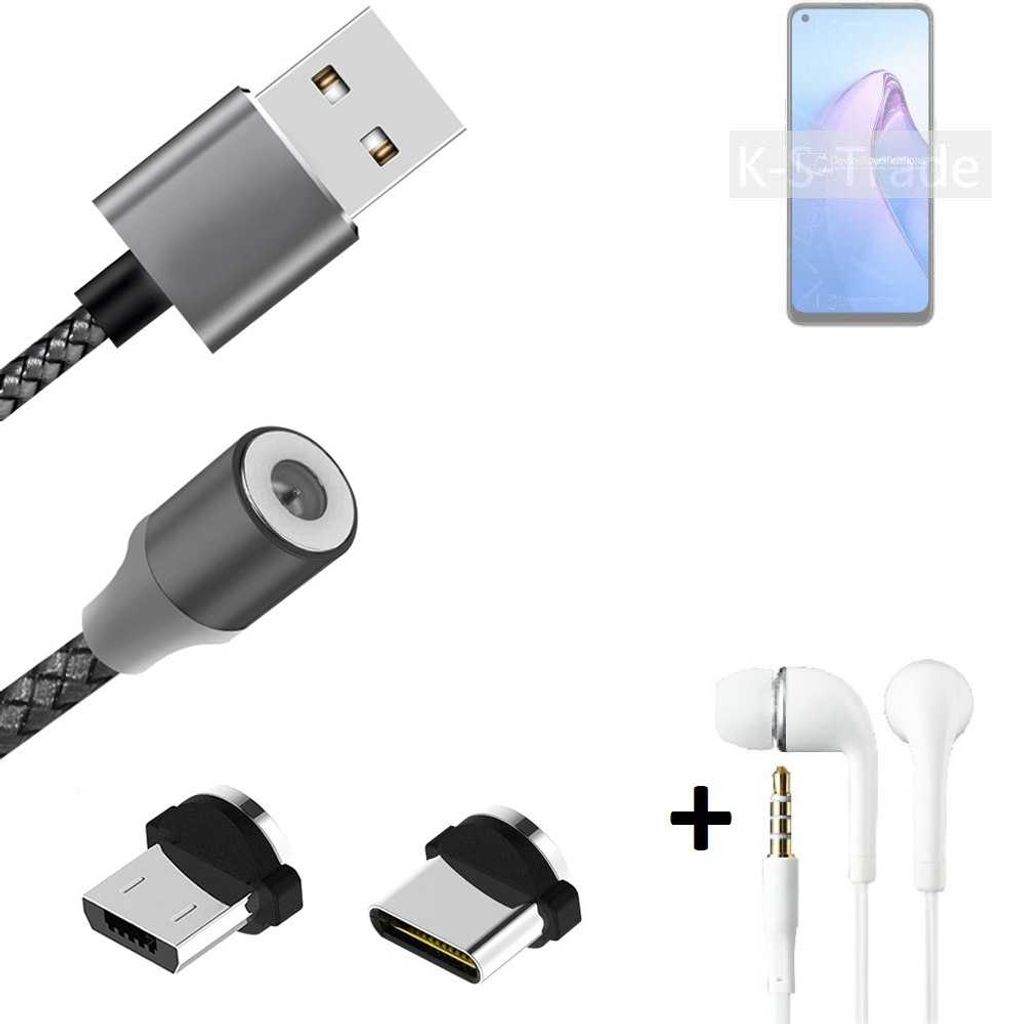 K-S-Trade Hochwertiges Magnet-Lade-kabel Sync-Kabel Daten-Kabel + Kopfhörer kompatibel mit Oppo Reno8 Global mit USB-Typ-C-Anschluss und