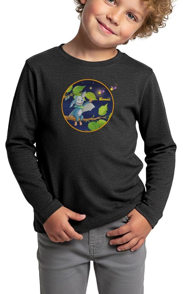 Spreadshirt KiKA-Baumhaus mit Fidi Sitzt auf Ast Kinder Premium Langarmshirt, 134/140 (8 Jahre), Anthrazit meliert