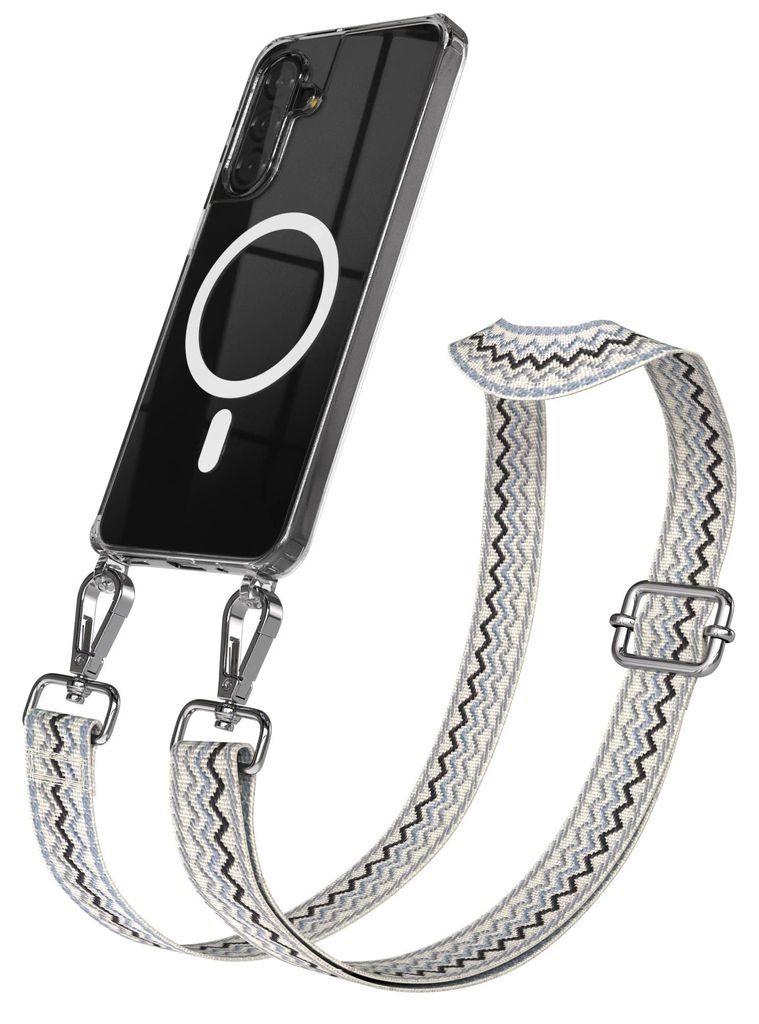 EAZY CASE - Handykette mit MagSafe Hülle für Samsung Galaxy A17, Handyband Wave Style, Karabiner Silber, Umhängeband in Beige