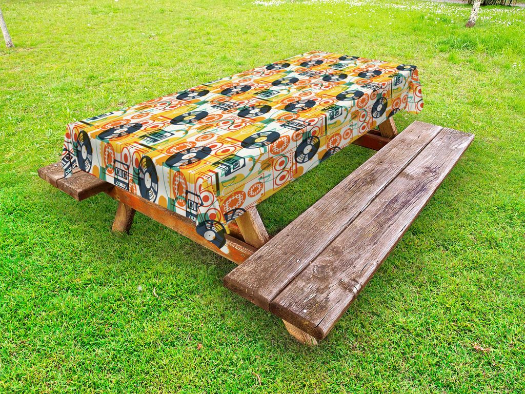 ABAKUHAUS Musik Tischdecke Outdoor, Muster mit Musikinstrumenten in flachen Design-Stil Kassette Radio Vinyl Nostalgischen, Mehrfarbig, 145x265cm